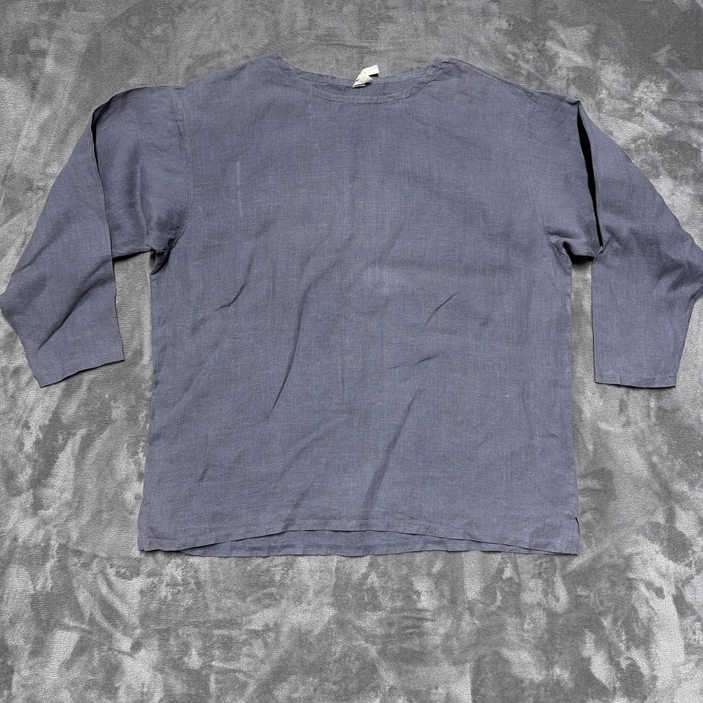 Dosa Top Womens 3 Large Gray Blue 100% Linen 3/4 Sleeve Boat Neck Lagenlook